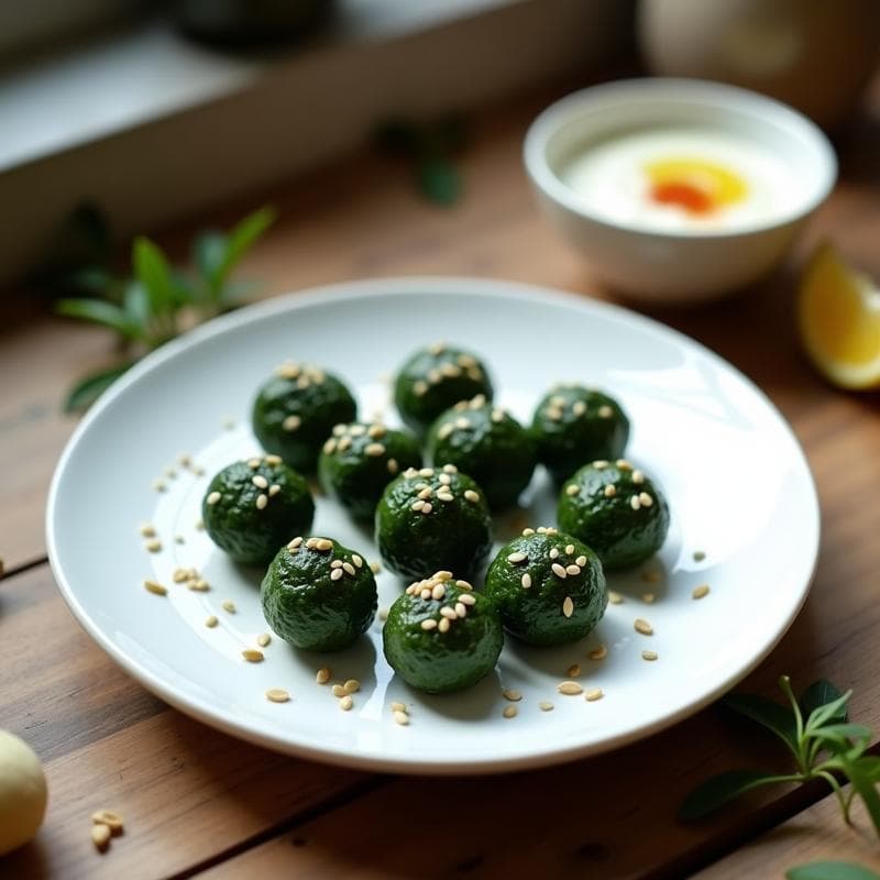 Plato blanco con bolitas de espirulina y semillas de girasol doradas, servidas con un dip cremoso de yogur de soja en un bol pequeño. Decoración con semillas de girasol y un hilo de aceite de oliva.