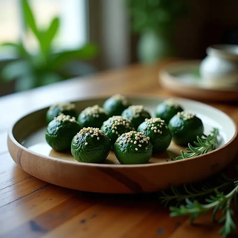 Bolitas de espirulina y queso de castañas con hierbas provenzales servidas en bandeja de madera, cubiertas de semillas de sésamo, aperitivo gourmet vegano.