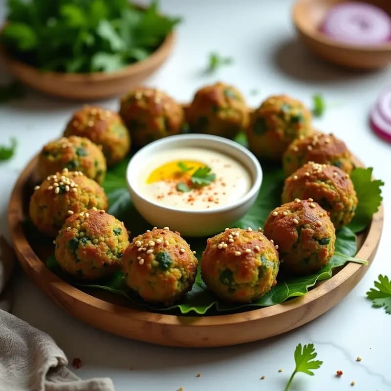Bolitas de falafel de habas verdes keto y crudivegano dispuestas en un plato de madera rústico, con semillas de sésamo doradas por fuera, acompañadas de una salsa cremosa de tahini y decoradas con hojas de cilantro fresco. Receta árabe saludable y baja en carbohidratos.