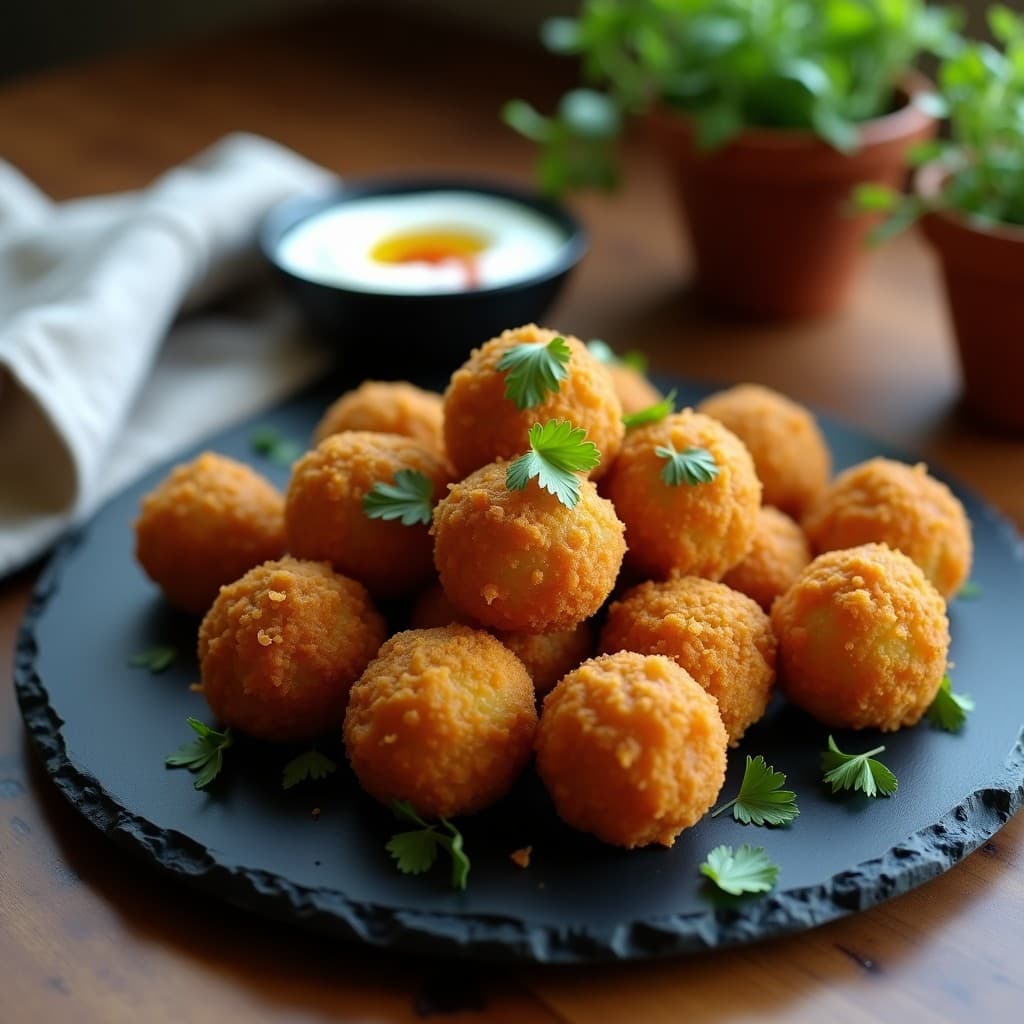 Bolitas doradas y crujientes de feijoada con harina de cassava en airfryer, servidas en un plato negro con cilantro fresco y salsa de yogur, aperitivo brasileño sin gluten.
