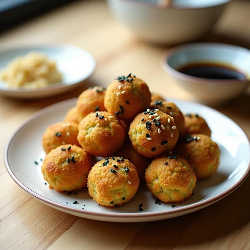 Bolitas doradas y crujientes de proteína de guisante y algas nori en airfryer, servidas en un plato blanco con semillas de sésamo por encima. Snack vegano japonés saludable y alto en proteína.