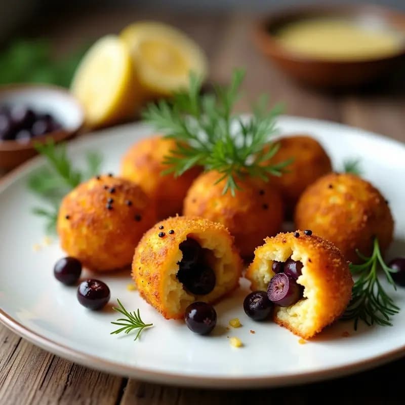 Bolitas doradas y crujientes de queso halloumi rellenas de aceitunas kalamata, servidas en un plato blanco con hierbas frescas y rodajas de limón, entrante chipriota rápido.