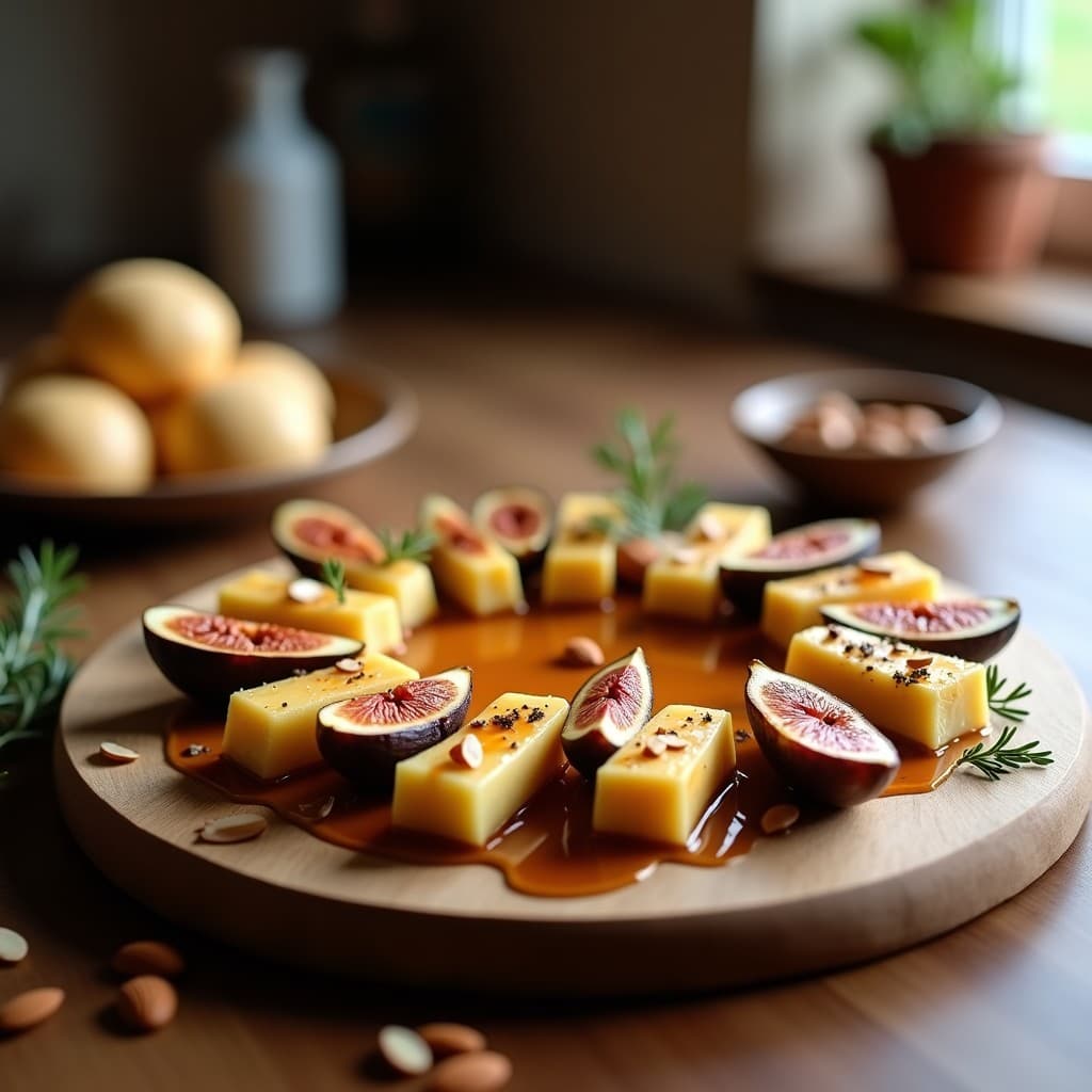 Bolitas doradas de queso halloumi y higos frescos asados en bandeja rústica, bañadas en miel de tomillo brillante y espolvoreadas con almendras fileteadas. Entrante graspormano con texturas crujientes y colores cálidos.