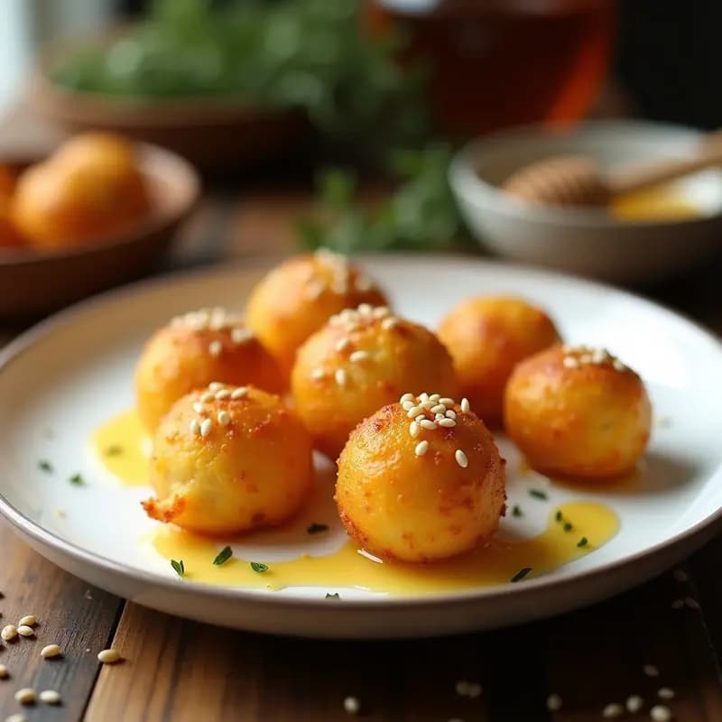 Bolitas doradas de queso halloumi fritas en sartén, bañadas en miel de tomillo con pistachos picados y un toque de canela, servidas en plato blanco rústico con fondo de madera.