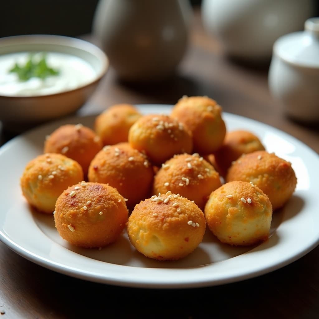 Bolitas doradas y crujientes de lentejas y queso halloumi en una fuente de cerámica blanca, con semillas de sésamo visibles, acompañadas de una salsa cremosa y hierbas frescas. Receta de aperitivo crujiente en airfryer sin gluten.