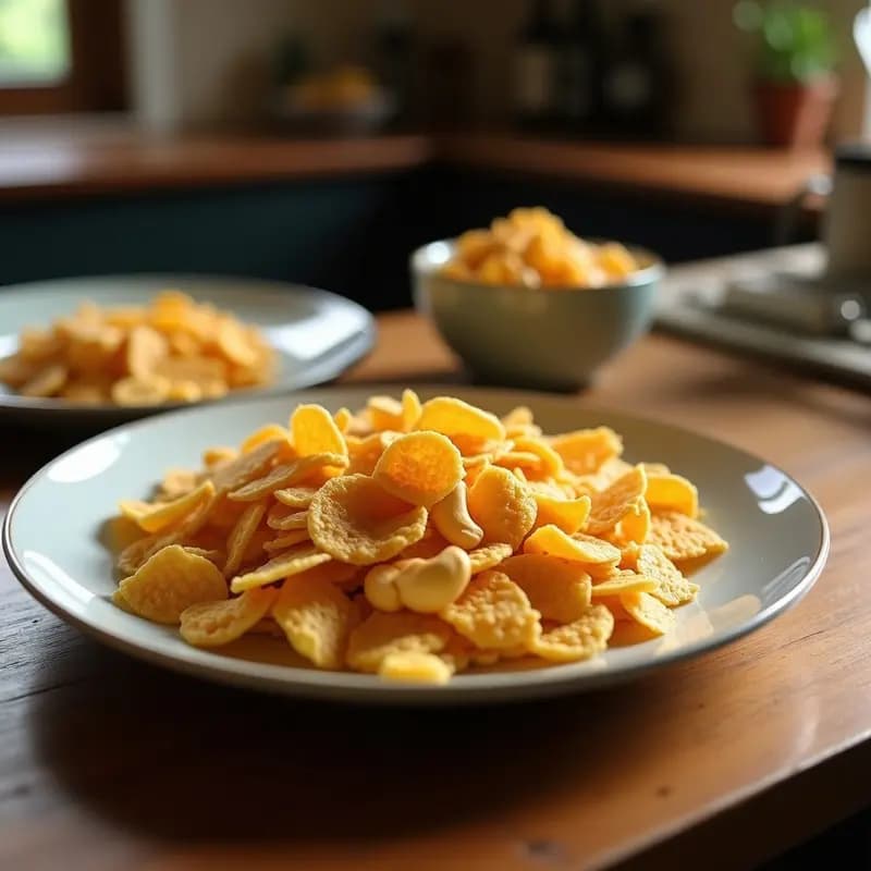 Plato blanco con bolitas de maíz tostado doradas rellenas de queso vegano cremoso, decoradas con perejil fresco y un toque de ají amarillo, snack peruano crujiente y sin horno sobre fondo rústico de madera.