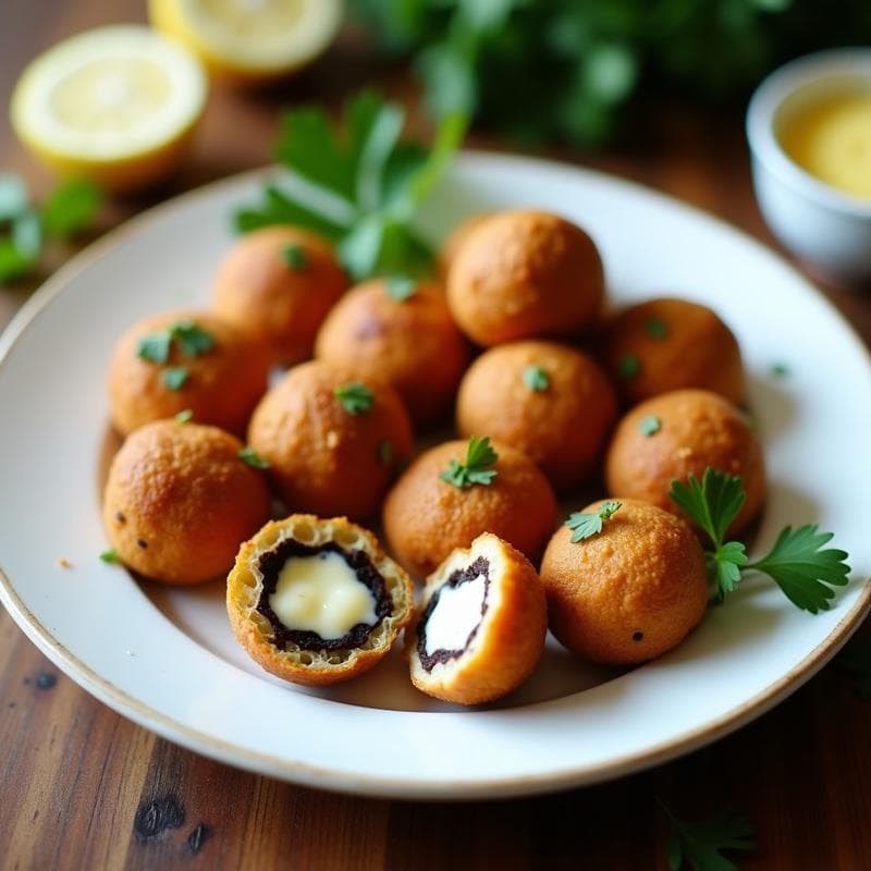 Bolitas de massa de feijão preto y queso Minas doradas, snack brasileño sin harina, servidas en plato blanco con hierbas frescas y salsa de yogur al lado.