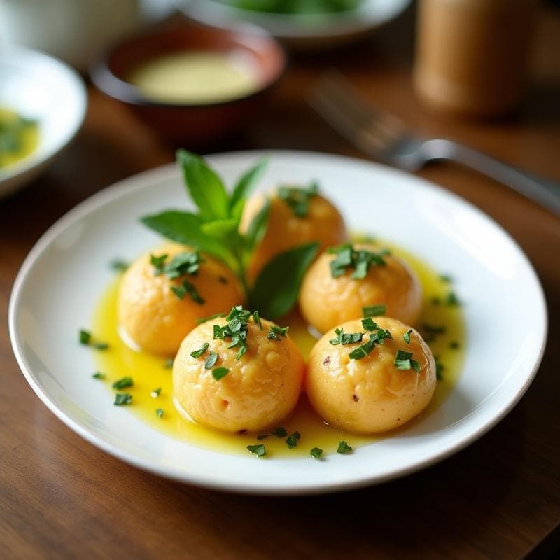 Brochetas pequeñas con cubos de melón amarillo y queso feta blanco, bañadas en vinagreta verde de menta, servidas en una fuente de cerámica blanca sobre fondo rústico de madera. Aperitivo griego veraniego fresco y colorido.