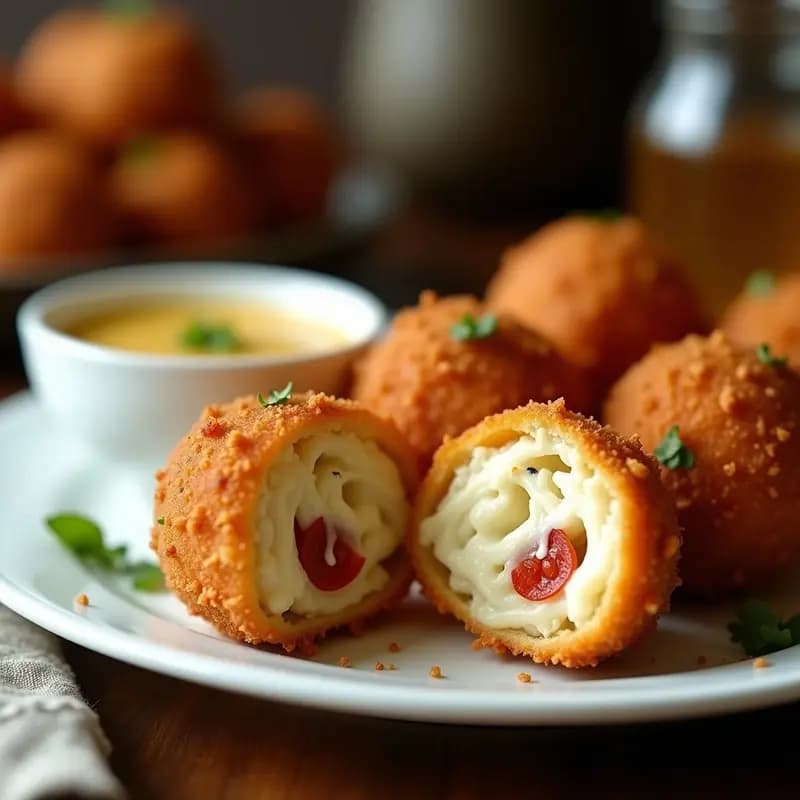 Bolitas de mozzarella doradas y crujientes rellenas de pepperoni y queso azul, servidas en un plato blanco con salsa de miel y mostaza al lado. Receta de bolitas de mozzarella rellenas de pepperoni y queso azul.