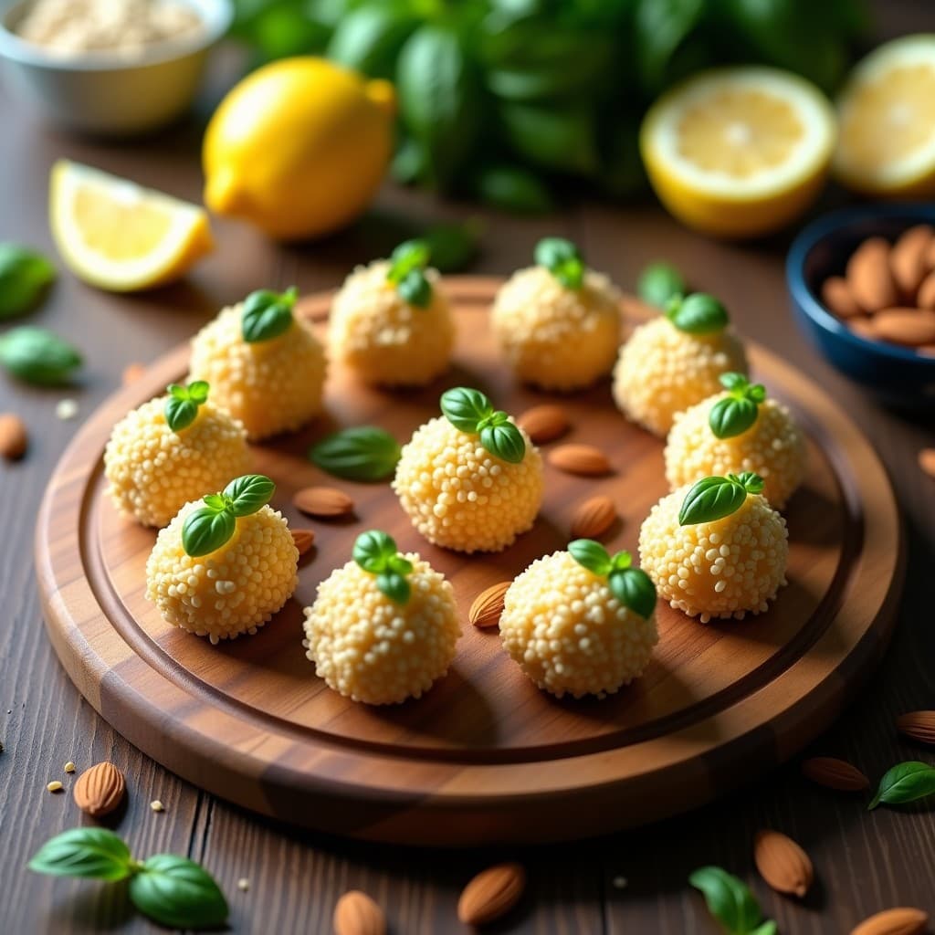 Bolitas de queso crudivegano de almendras y albahaca, cubiertas de semillas de sésamo, dispuestas en bandeja de madera con hojas de albahaca fresca y limón en rodajas como decoración.
