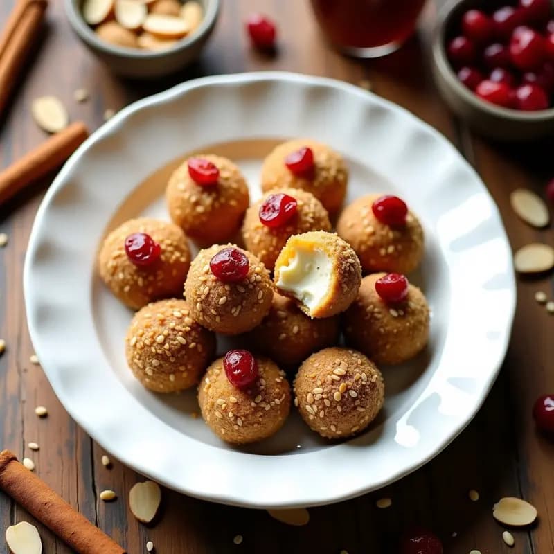 Bolitas de queso de almendras y arándanos secos, snack keto crujiente, dispuestas en un plato blanco sobre fondo de madera con arándanos y almendras esparcidos, iluminación natural y estilo viral de redes sociales.