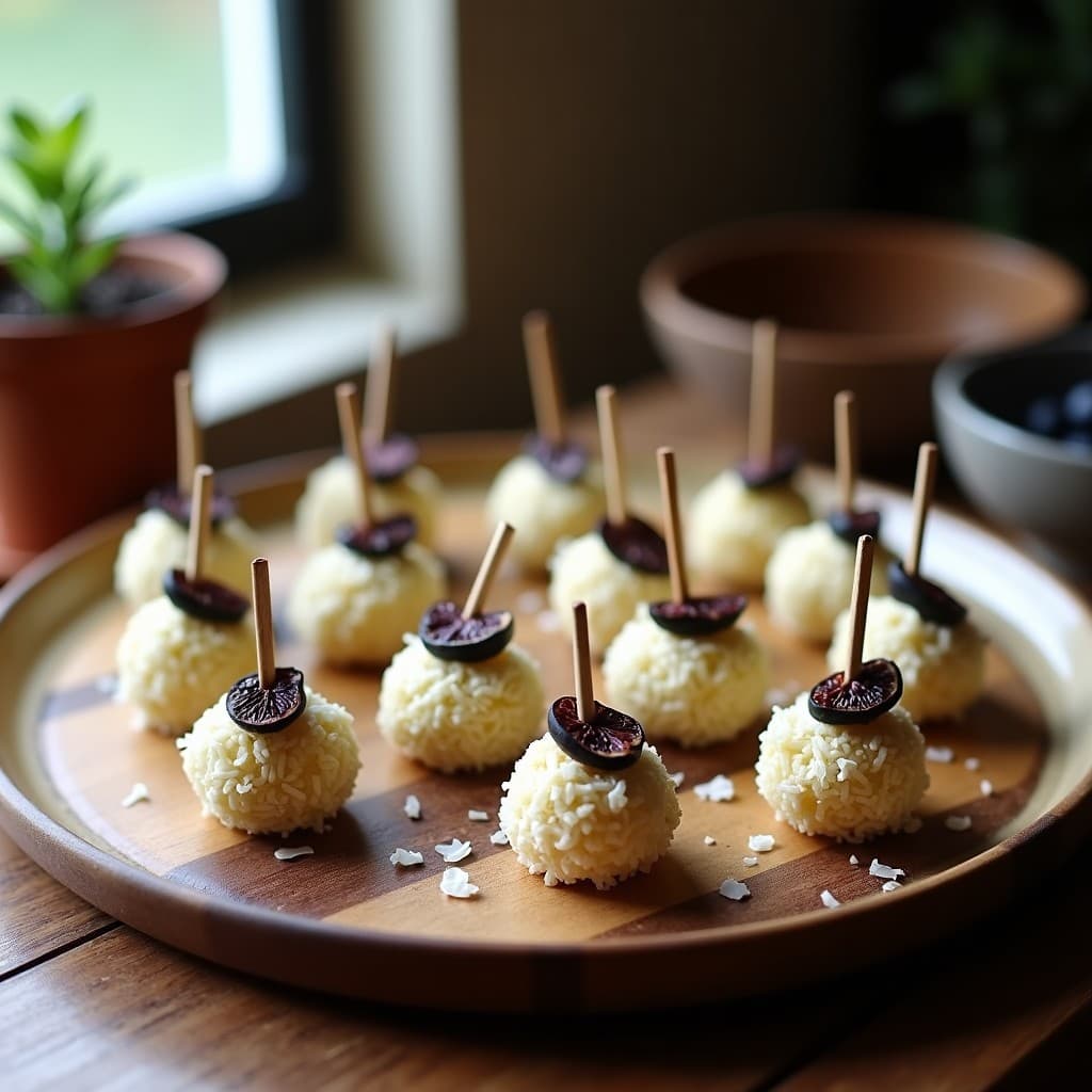 Bolitas de queso vegano de anacardos cubiertas de coco rallado y semillas de chía, con trocitos de higo negro deshidratado como decoración, servidas en una fuente de madera con palillos para aperitivos.