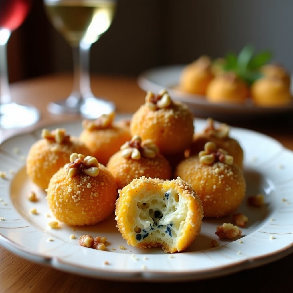 Bolitas doradas y crujientes de queso azul y nueces servidas en un plato blanco rústico, con trozos de nueces por encima y un fondo borroso de una mesa de madera con copas de vino. Receta de bolitas de queso azul y nueces en airfryer.