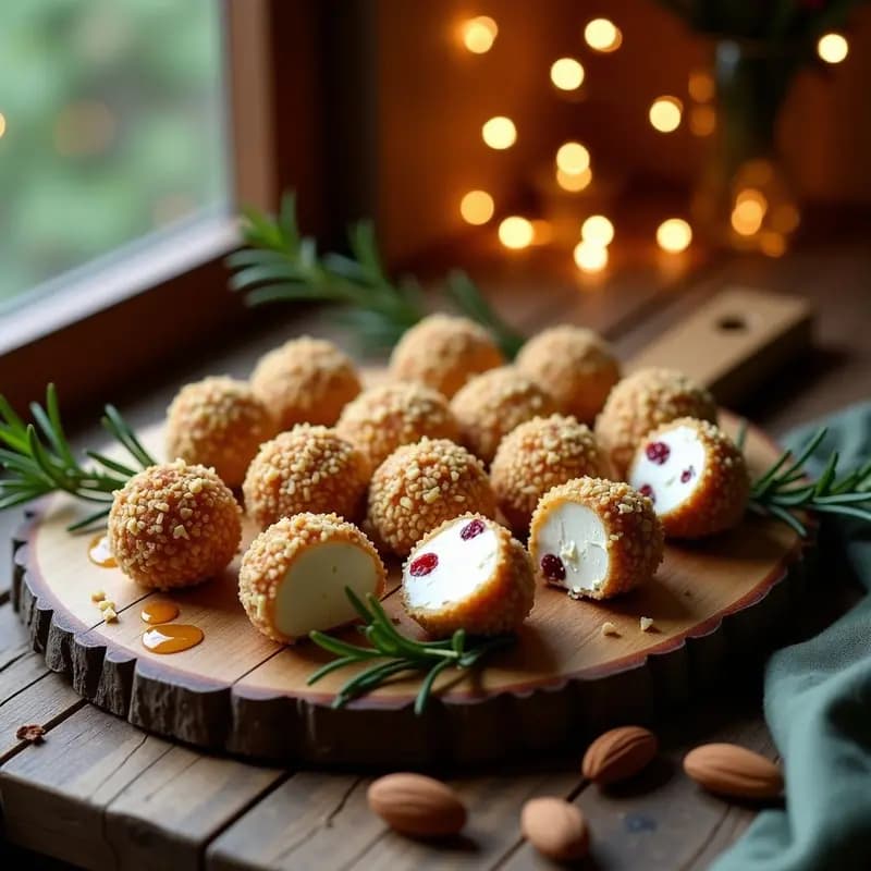 Bolitas de queso de cabra y arándanos con cobertura de almendras trituradas, presentadas en bandeja de madera con hojas de romero y luz navideña, receta de 3 ingredientes.