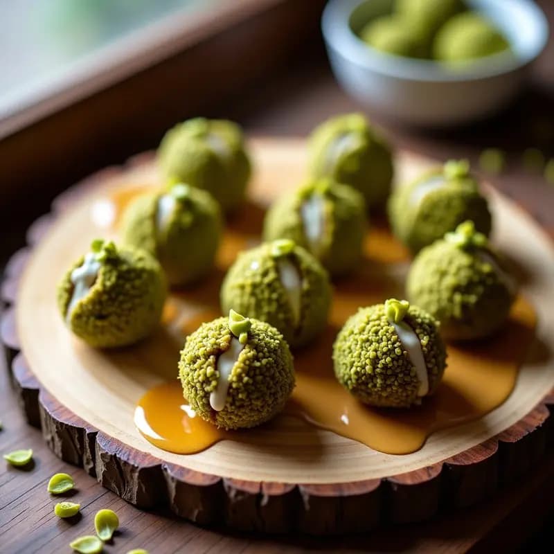 Bolitas de queso de cabra y dátiles rellenos, cubiertas de pistacho triturado y bañadas con miel de trufa, servidas en bandeja de madera con fondo borroso.