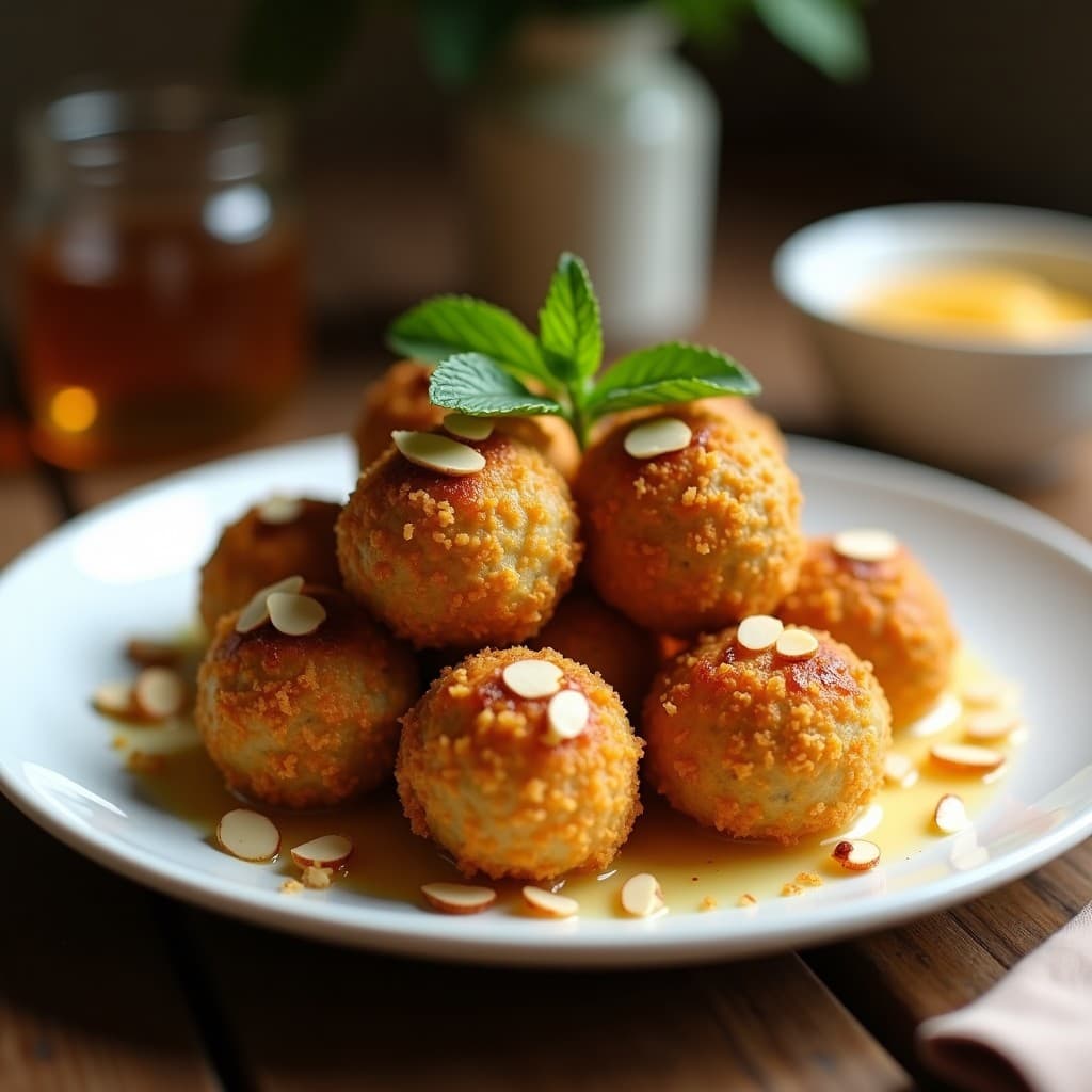 Plato blanco con bolitas doradas de queso de cabra y higos, bañadas en miel y almendras fileteadas caramelizadas, espolvoreadas con nuez moscada. Entrante gourmet crujiente servido con hojas de menta. Receta en airfryer.