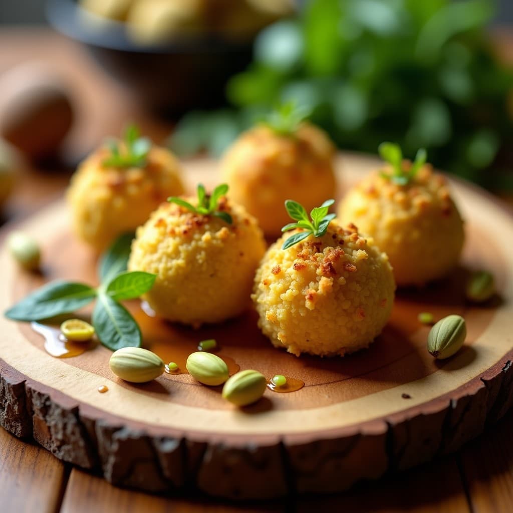Bolitas doradas y crujientes de queso de cabra rebozadas en pistacho picado y pan rallado, servidas en bandeja rústica con hojas verdes y miel goteando, aperitivo elegante y rápido.