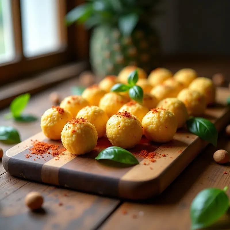 Bolitas de queso vegano de cáscara de piña y macadamia dispuestas en bandeja de madera, con textura cremosa y rebozadas en pimentón. Aperitivo sin cocinar con fondo de hierbas frescas.