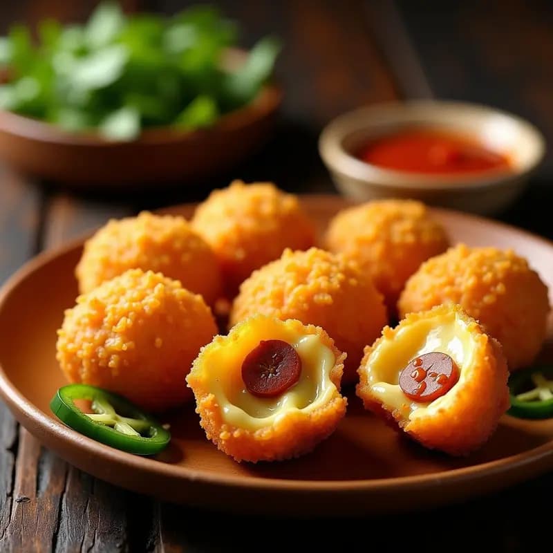Bolitas doradas y crujientes de tempura rellenas de queso fundido, chorizo y jalapeños, servidas en un plato con salsa picante al lado. Receta de bolitas de queso fundido con chorizo y jalapeños en tempura.