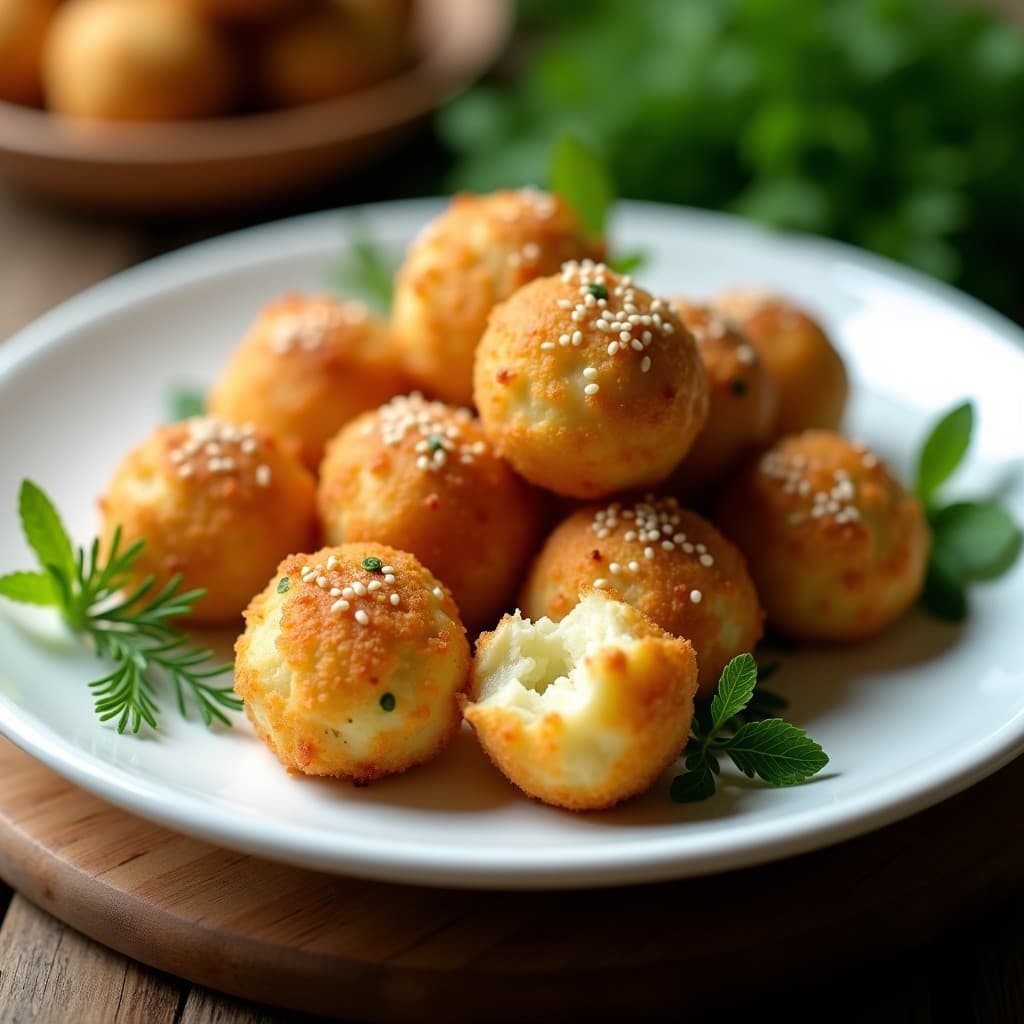 Bolitas doradas y crujientes de queso feta y hierbas frescas servidas en un plato blanco sobre fondo rústico, con hierbas verdes al lado. Receta griega en airfryer.