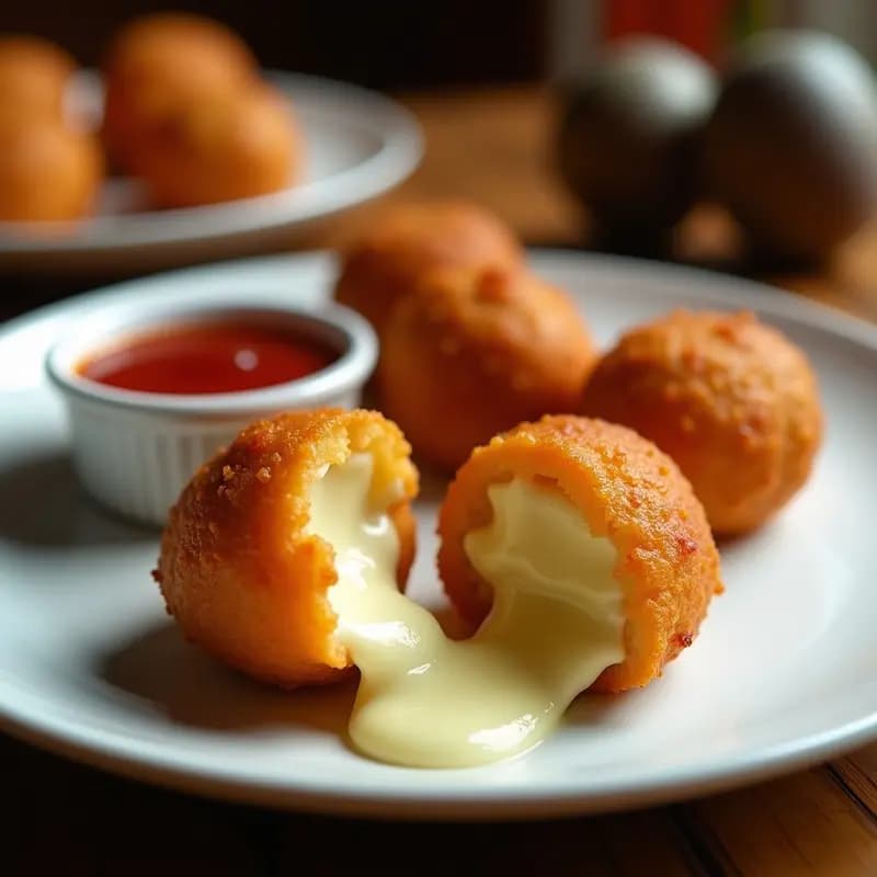 Plato blanco con bolitas de queso fritas doradas y crujientes, rellenas de queso crema y mermelada de guayaba, servidas con más mermelada para mojar. Aperitivo colombiano irresistible.