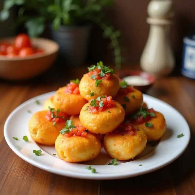 Plato blanco con bolitas de queso fritas doradas y crujientes, acompañadas de un bol pequeño con salsa de tomate picante de color rojo intenso. El queso fundido asoma ligeramente en el interior de las bolitas. Decorado con perejil fresco picado.