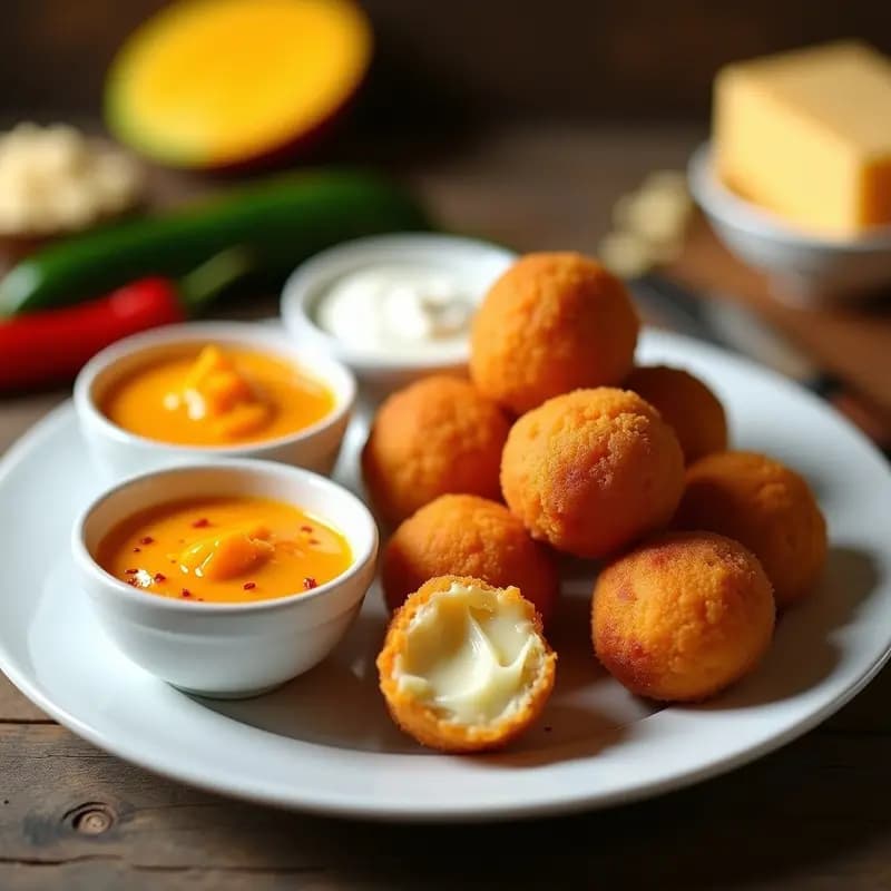 Plato blanco con bolitas de queso frito doradas y crujientes, rellenas de queso fundido, acompañadas de un cuenco con salsa de mango habanero de color naranja intenso y otro con crema ácida blanca. fondo borroso de cocina con ingredientes dispersos.
