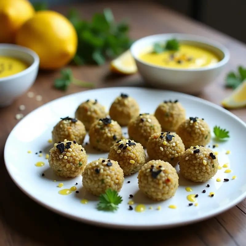 Plato blanco con bolitas de quinoa y algas nori, decoradas con semillas de sésamo y acompañadas de un aderezo de limón en un bol pequeño. Receta aperitivo peruano crudivegano.