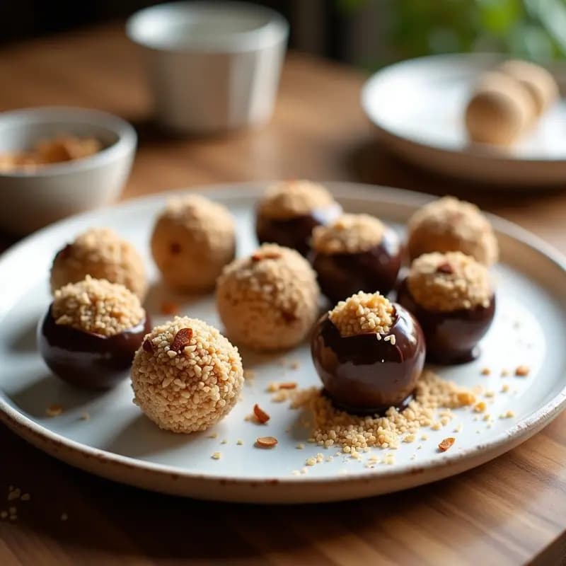 Bolitas de quinoa y almendra con miel de agave, snack energético sin gluten, cubiertas de coco rallado y chocolate negro, sobre plato blanco rústico con fondo de madera.