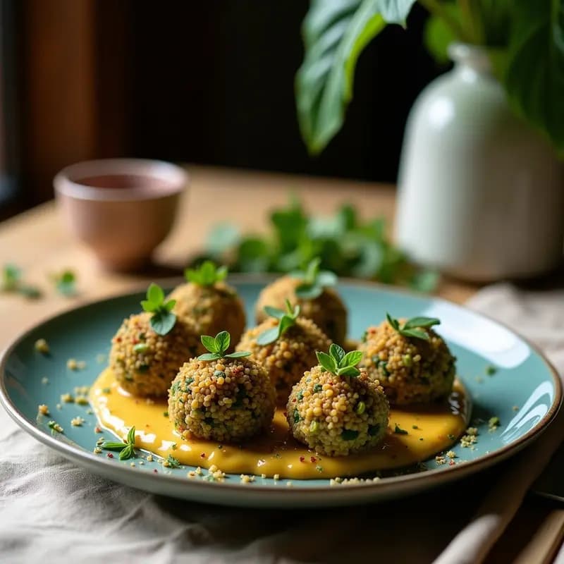 Plato blanco con bolitas de quinoa y espirulina rellenas de mantequilla de almendras, decoradas con coco rallado, sobre fondo rústico de madera. Snack energético vegano y alto en proteína.