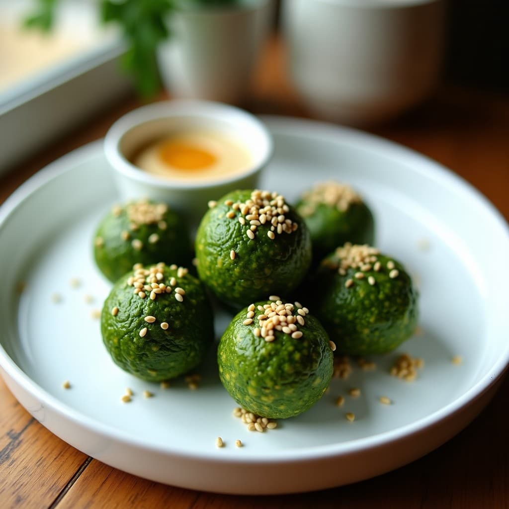 Bolitas de quinoa inflada y espirulina cubiertas de semillas de sésamo, dispuestas en un plato blanco con salsa de tahini cremosa en un bol pequeño aparte. Snack superalimento sin cocción, color verde intenso y textura crujiente.