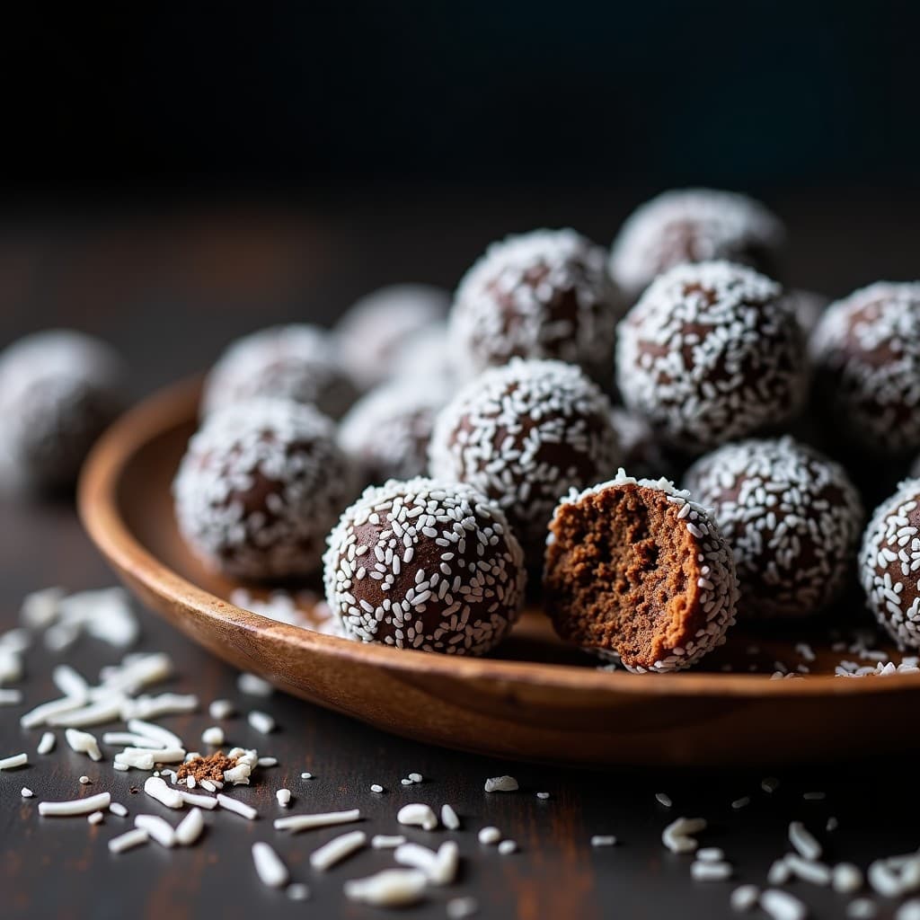 Bolitas de quinoa negra y polvo de hongo reishi cubiertas de coco rallado, dispuestas en un plato de madera oscuro con fondo borroso. Snack energético y funcional con textura crujiente y color intenso.