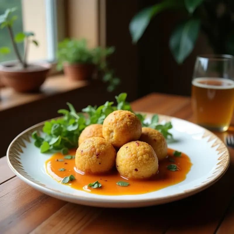 Bolitas redondas de quinoa y pasas cubiertas de coco rallado, con un toque dorado y especias de cardamomo visibles, servidas en un plato blanco sobre fondo rústico de madera.