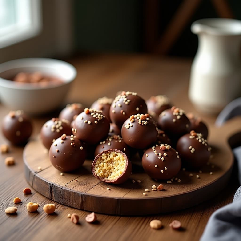 Plato blanco con bolitas de quinoa y pasas bañadas en chocolate negro 85%, decoradas con semillas de chía. Textura crujiente y brillo en la cobertura, sobre fondo rústico de madera.