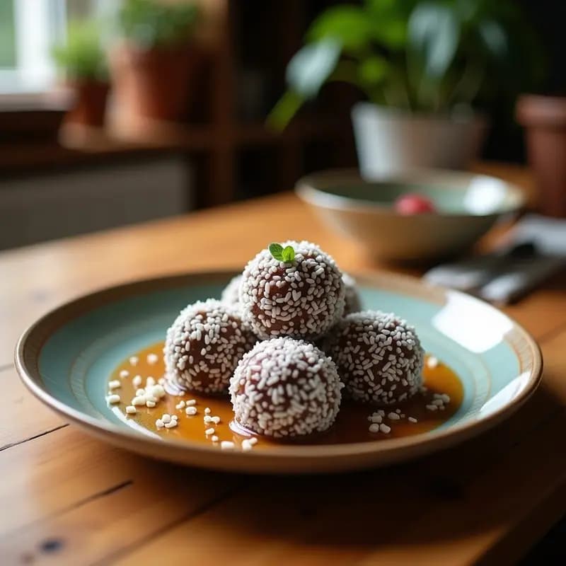 Bolitas de tapioca rellenas de coco y chocolate dispuestas en un plato blanco, con coco rallado espolvoreado por encima y un hilo de chocolate derretido como decoración. Postre brasileño sin gluten con textura esponjosa y relleno cremoso.