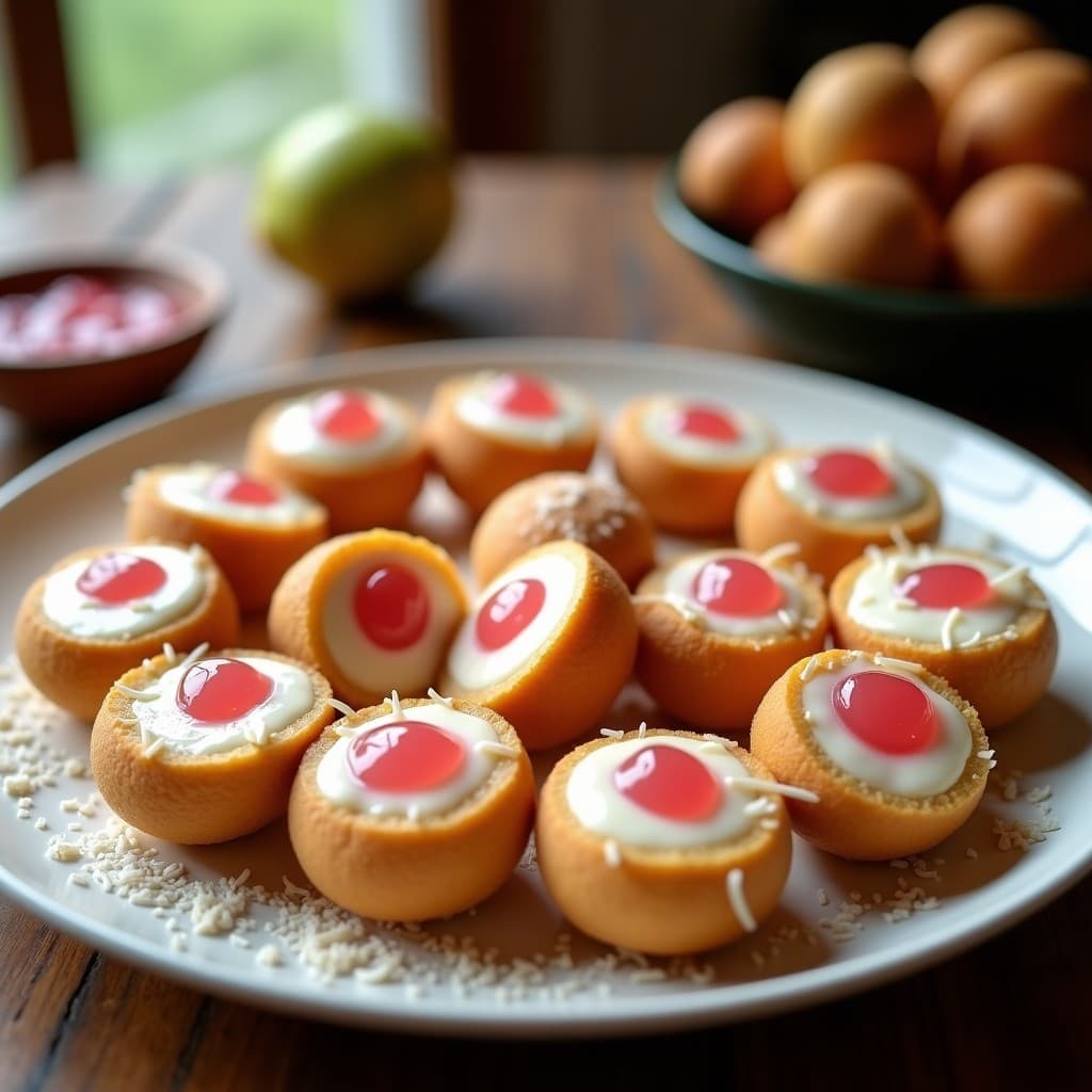 Bolitas de tapioca doradas rellenas de queso crema y mermelada de guayaba, espolvoreadas con coco rallado, servidas en un plato blanco sobre fondo rústico de madera. Postre brasileño sin horno con texturas cremosas y crujientes.