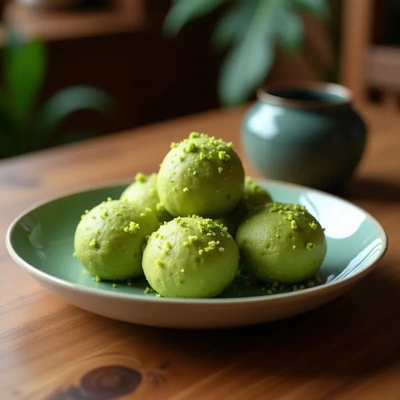 Bolitas de té matcha y coco keto dispuestas en un plato de cerámica blanca, con coco rallado tostado por encima y semillas de sésamo negro visibles. Fondo minimalista con hojas de té verdes y una taza de matcha al lado.
