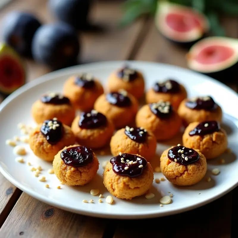 Bolitas doradas de tofu ahumado y almendra cubiertas de semillas de sésamo, rellenas de mermelada de higo negro, servidas en plato blanco rústico con fondo de madera.
