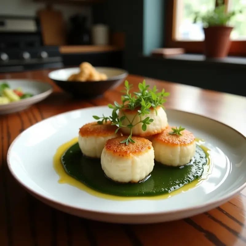 Bolitas doradas y crujientes de tofu y algas wakame sobre un plato blanco, espolvoreadas con semillas de sésamo, aperitivo japonés rico en yodo.