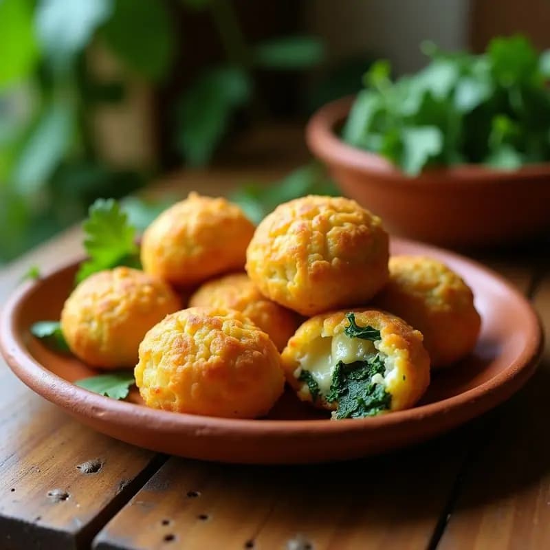 Bollerías doradas y crujientes de queso y espinacas al estilo Garifuna, servidas en un plato de barro con hojas de cilantro fresco. Receta tradicional caribeña preparada en airfryer.