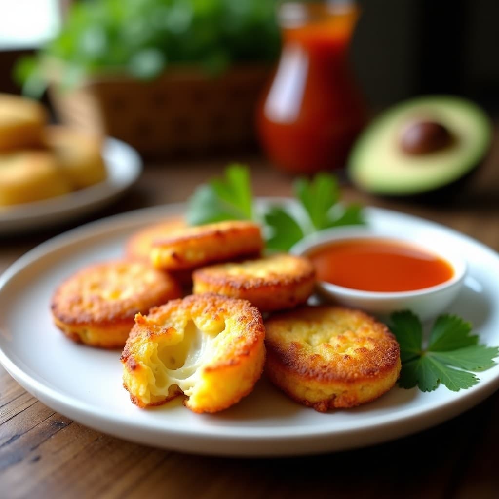 Bollitos de maíz y queso de cabra dorados en airfryer, servidos en plato rústico con salsa de guayaba brillante y hojas de cilantro fresco, receta venezolana gourmet.