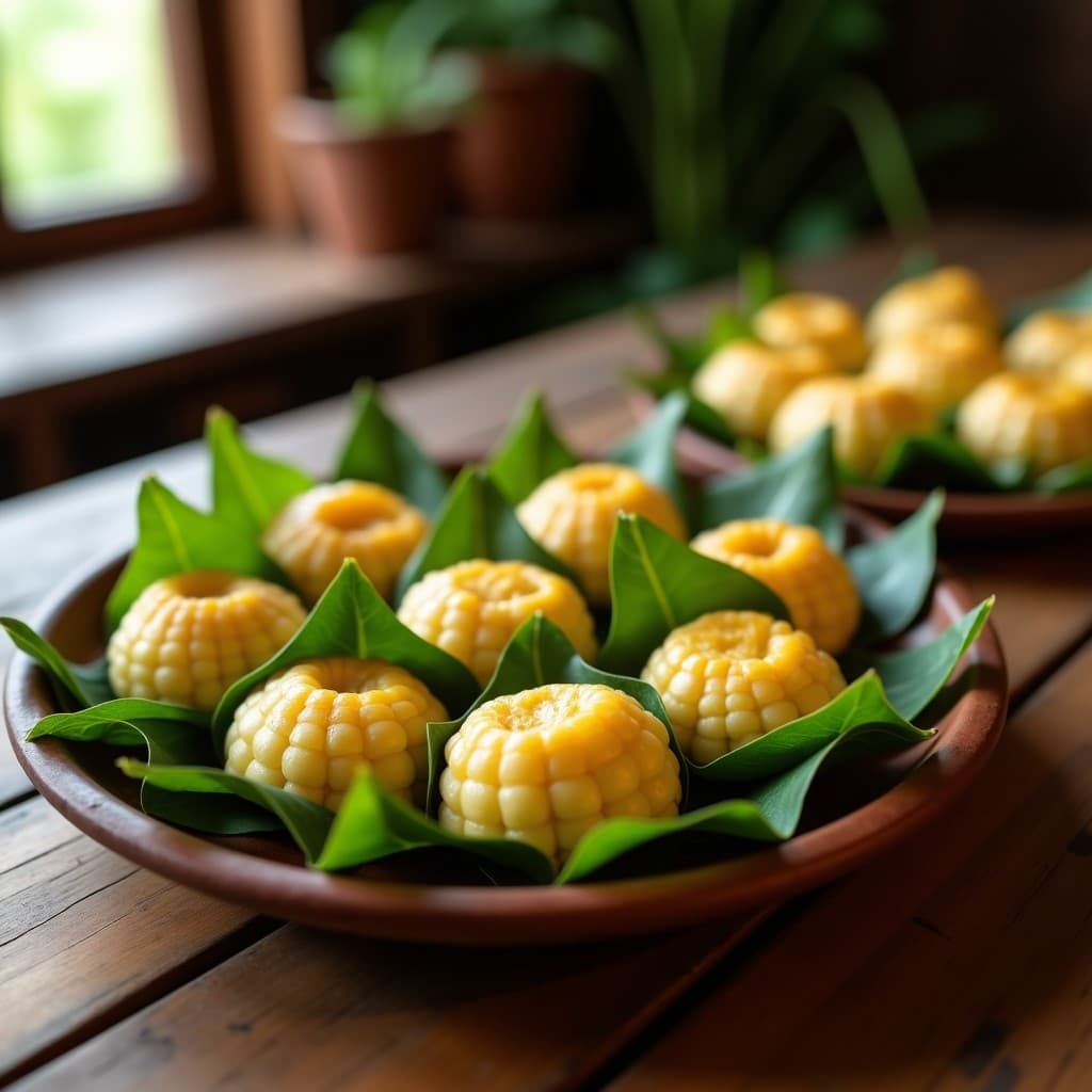 Bollitos de maíz y queso fresco envueltos en hoja de plátano, servidos en un plato de barro rústico con fondo de madera. Receta colombiana tradicional cocinada en olla lenta.
