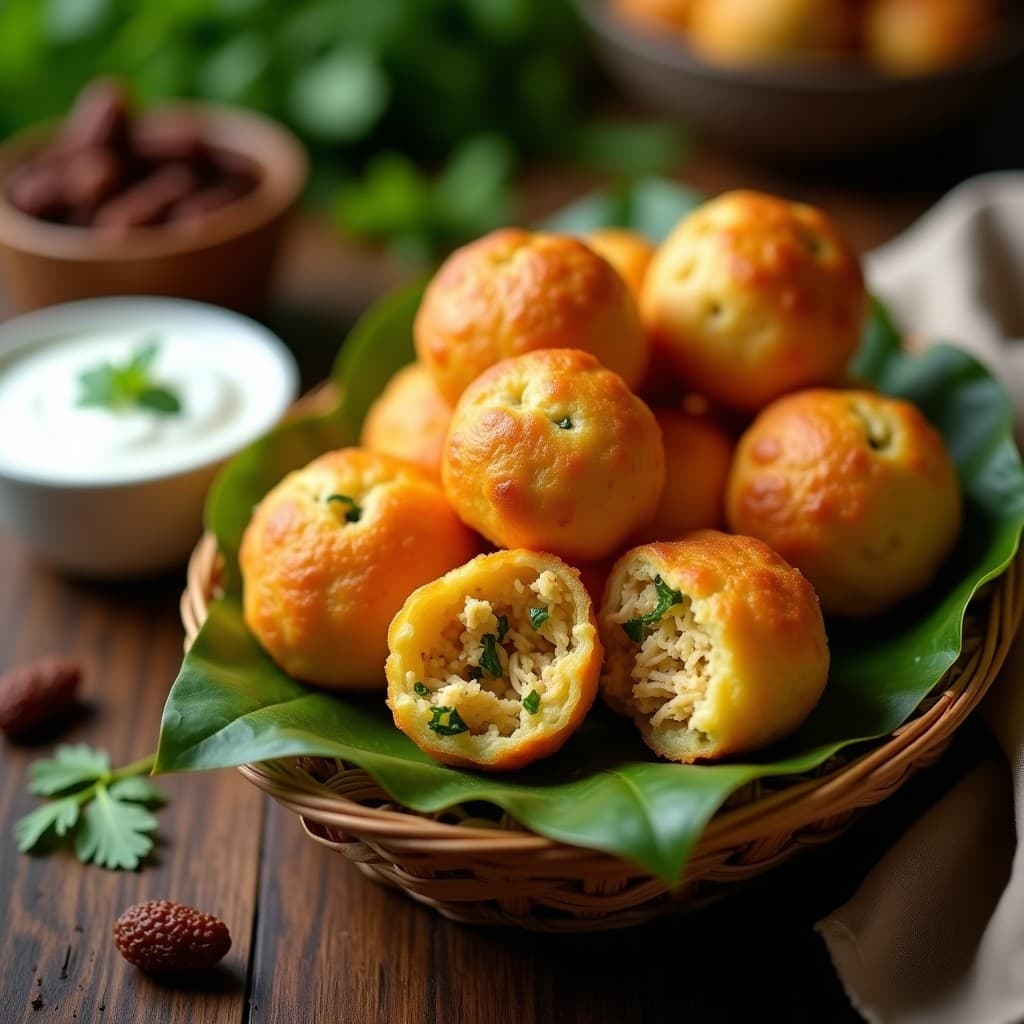 Bollitos de yuca dorados y crujientes rellenos de pollo al curry y pasas, servidos en una canasta de mimbre con hojas de cilantro fresco y salsa de yogur al lado, receta colombiana en airfryer sin harina.