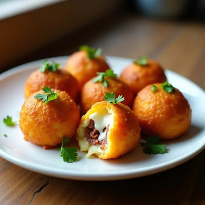 Bollitos de yuca dorados y crujientes rellenos de queso mozzarella derretido y chorizo, servidos en un plato blanco con perejil fresco. Receta colombiana en airfryer sin gluten.