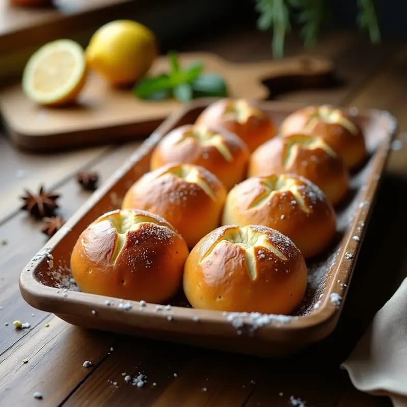 Bollos de aceite dorados y esponjosos con anís y ralladura de limón, espolvoreados con azúcar glas, sobre una bandeja de madera rústica con fondo de cocina tradicional andaluza.