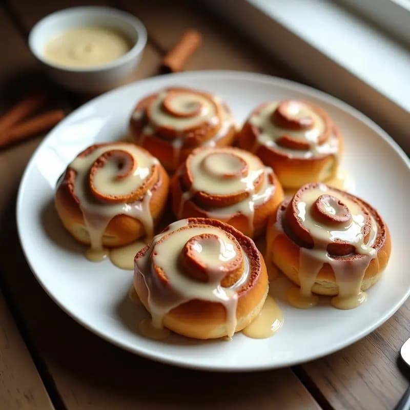 Bollos de canela suecos dorados con glaseado de vainilla brillante, servidos en plato blanco rústico sobre fondo de madera clara. Receta de desayuno escandinavo en airfryer con textura esponjosa y aroma a especias.