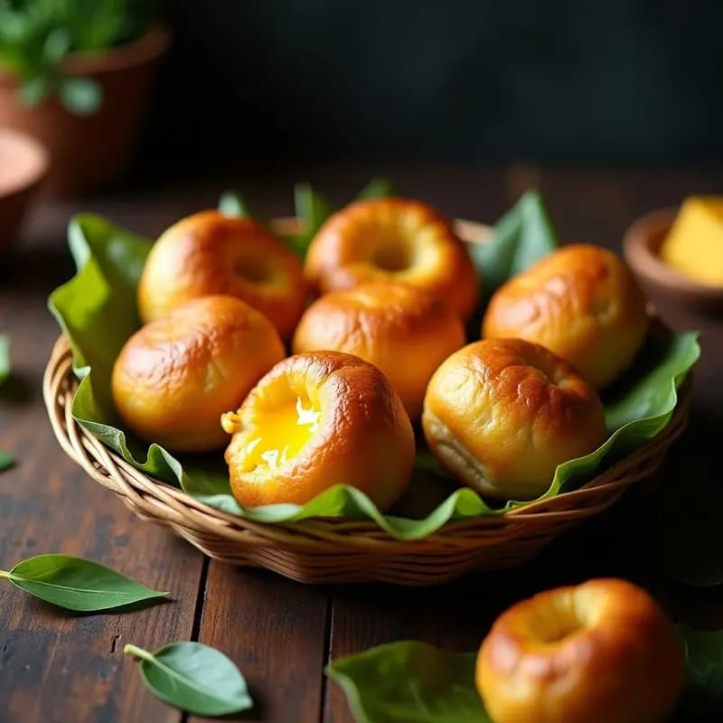 Bollos de maíz dorados y crujientes rellenos de queso campesino derretido, servidos en una canasta de mimbre con hojas de plátano, acompañados de salsa hogao. Receta tradicional colombiana hecha en airfryer.