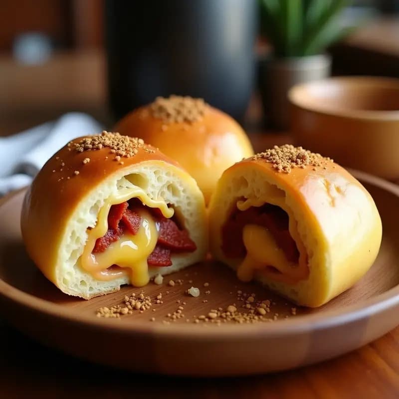 Bollo de pan de yuca dorado con queso derretido y chorizo criollo asado en el centro, servido en una bandeja rústica de madera con perejil fresco. Desayuno ecuatoriano tradicional.