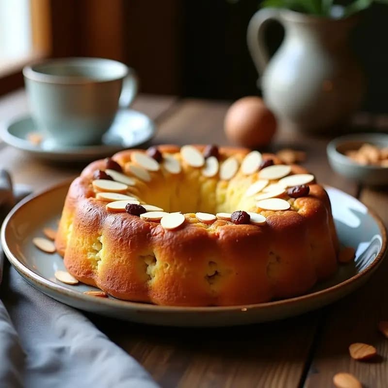 Bollo de pasas al vino catalán tradicional recién horneado, dorado y esponjoso, con almendras laminadas en la superficie, servido en un plato de cerámica rústica sobre una mesa de madera.