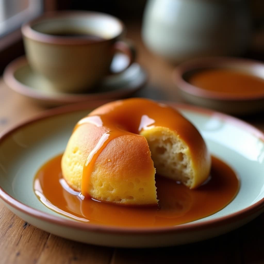 Bollo esponjoso de plátano maduro y mantequilla de maní servido en plato rústico con salsa de caramelo de dátiles, desayuno colombiano sin harina.